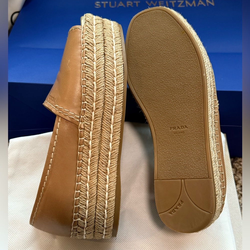 Prada Wedges Sandals Tan Leather with Gold Accents - Picture 5 of 5